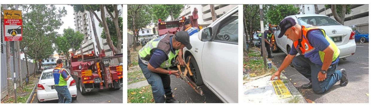 Sequence of MBPP enforcement action: Officers preparing to tow away an illegally parked car, securing the vehicle to the tow truck and then placing a sticker on the pavement to inform the car owner that the vehicle has been towed by the city council.