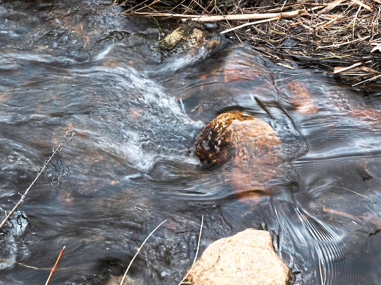 Water flows down a stream at Tidmarsh Wildlife Sanctuary.