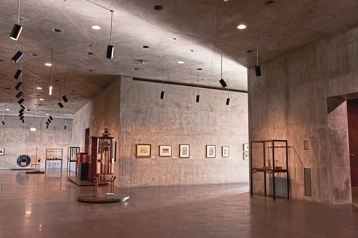 A window lets slanting sunlight into a gallery at the Los Angeles County Museum of Art.