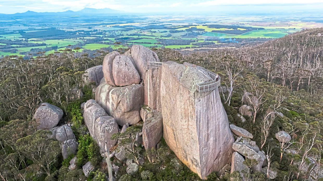 An aerial view of Granite Skywalk at Castle Rock, Porongurup National Park in Western Australia.