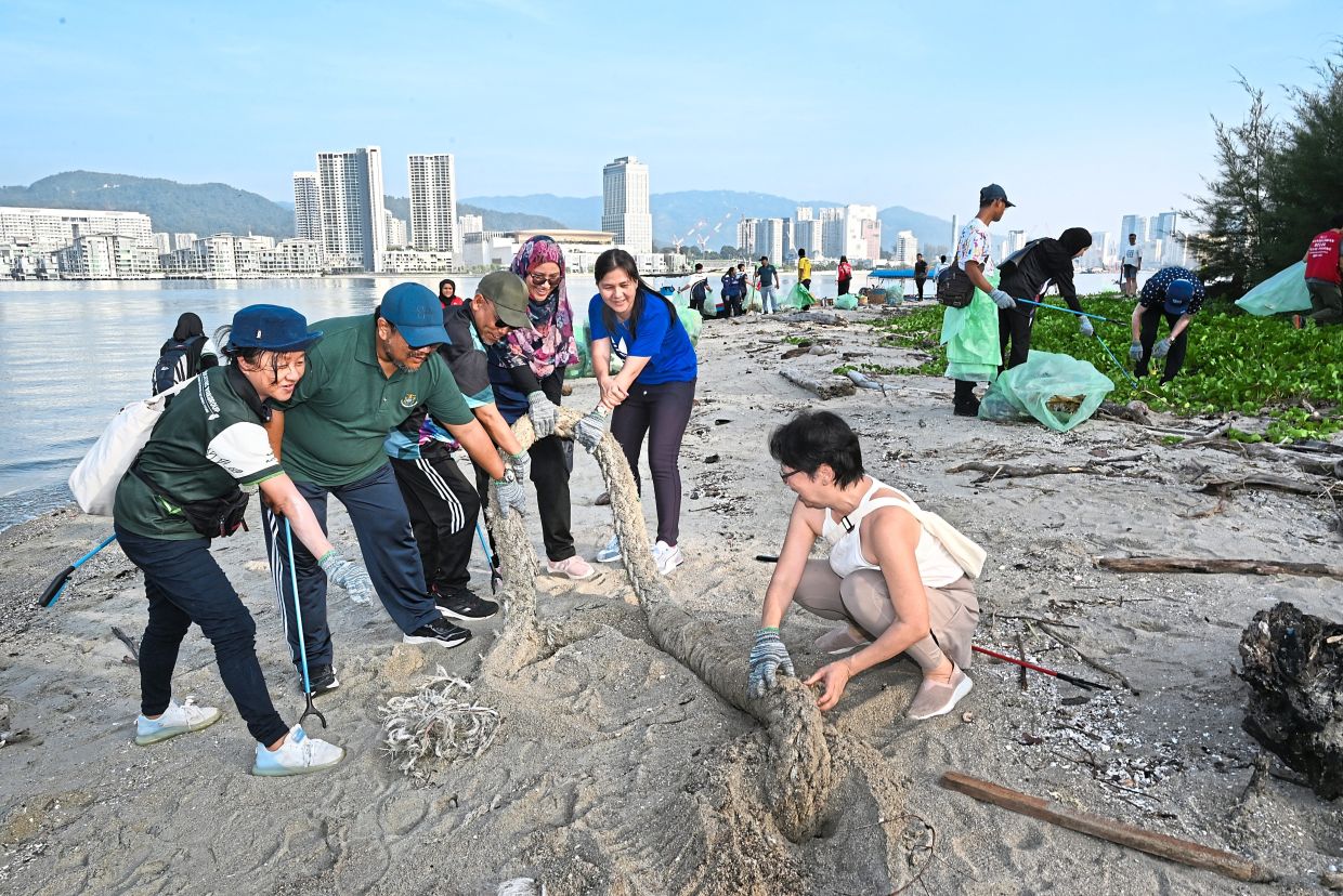 Volunteers working together to remove a rope embedded on the sandy beach.