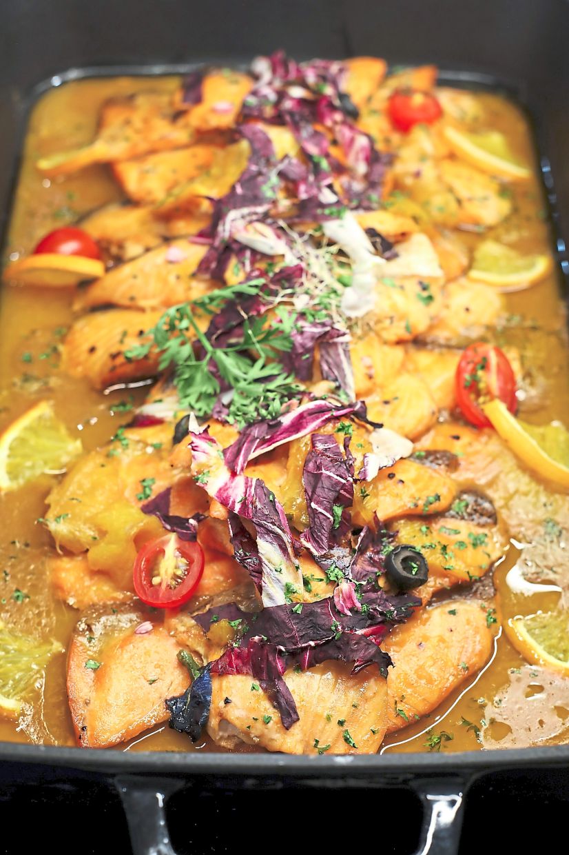 Roast Salmon with Orange and Radicchio. 