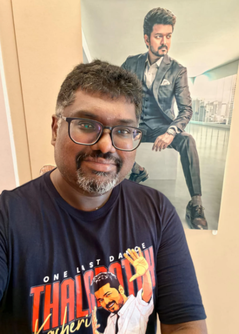 Singaporean counsellor Delip Saravanan, 41, has been inspired by Vijay since his childhood and even gave up Coke in 2014 after the Tamil actor played a character fighting a cola corporation stealing water from his village. - COURTESY OF DELIP SARAVANAN