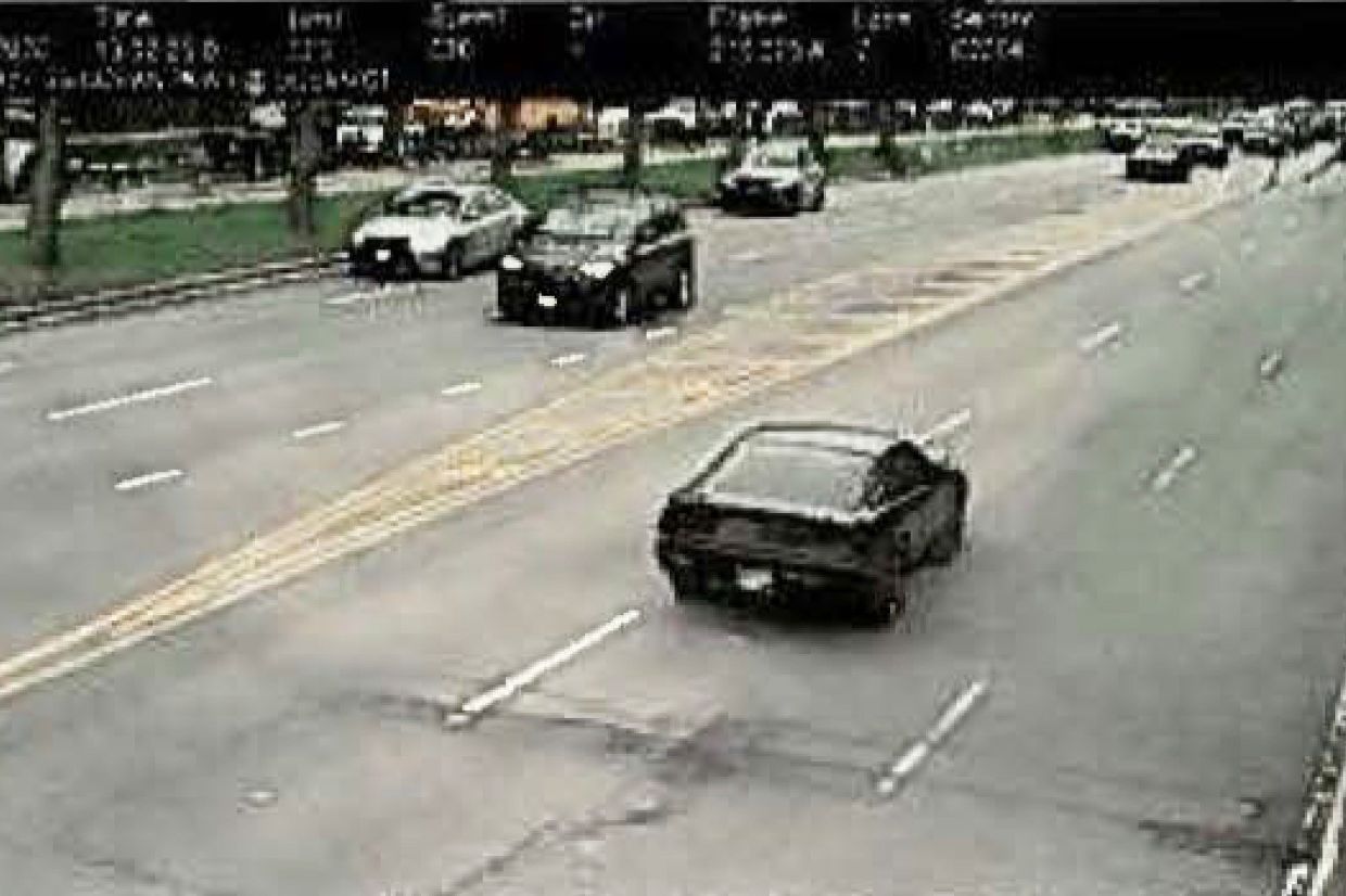 This image provided by the New York Department of Finance shows a black Pontiac Trans Am with the same license plate as the Pontiac Trans Am from the 1980s TV series, 'Knight Rider', speeding in a school zone on April 22, 2026, in New York. — New York Department of Finance, via AP