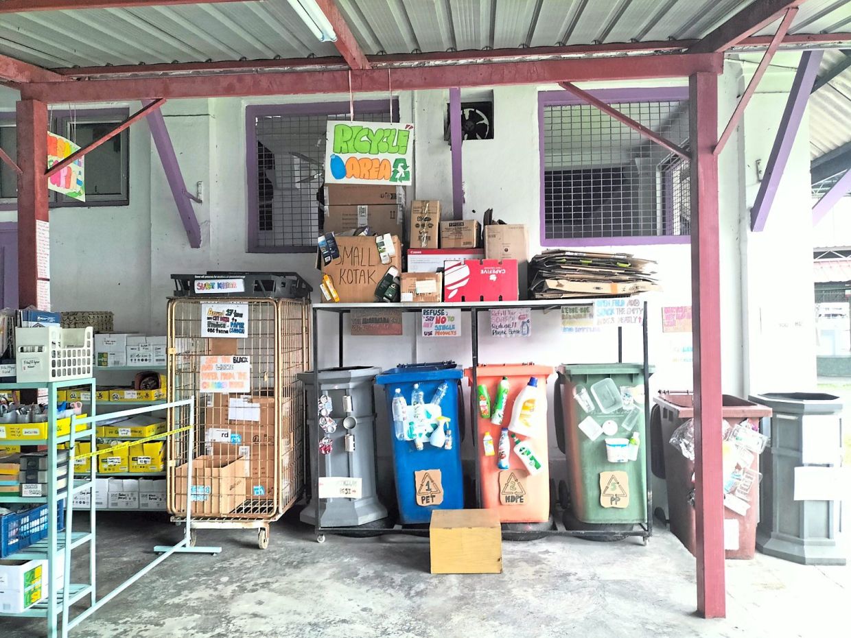 The materials recovery facility at Ong's school contains sections for students to discard their recyclable waste. Photo: Ong Pui Yee