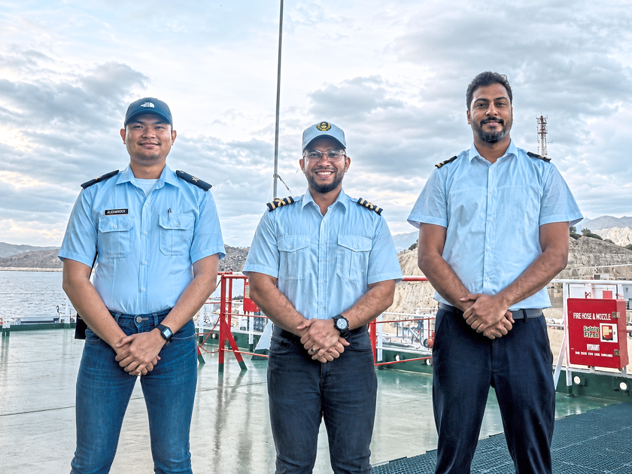 Irfan (centre) alongside his third officer Ivan Laurente (left) and second officer Kaustubh Hemant while transiting Suez Canal, Egypt.
