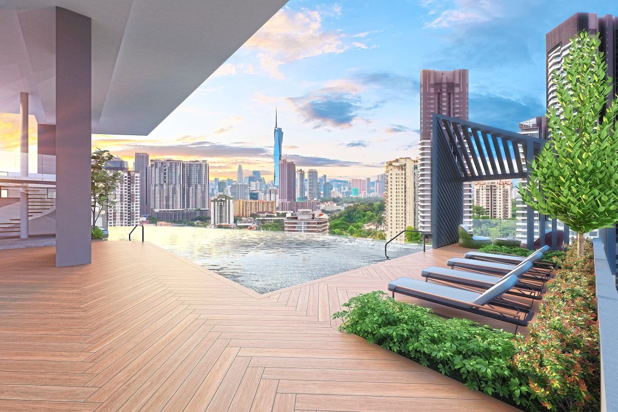The infinity pool overlooks the city's skyline and its iconic landmarks.