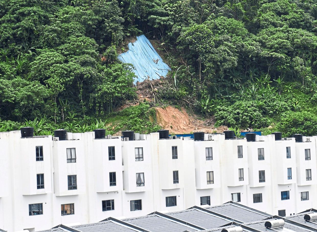 Empire Residence residents are worried about the water overflow from the project site (top) whenever it rains, as well as trees falling on the hillslope and road behind their homes.