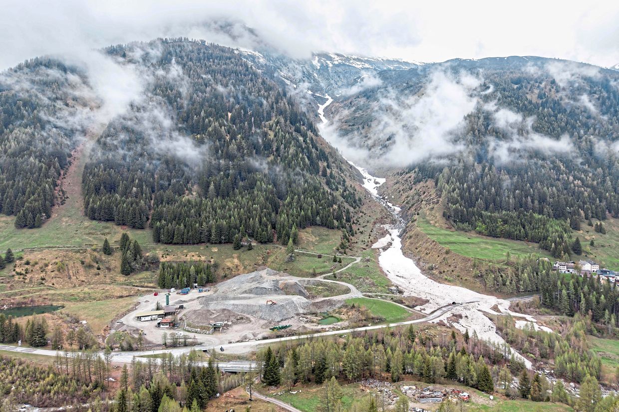An aerial view of the entrance to the underground lab in the Swiss Alps.