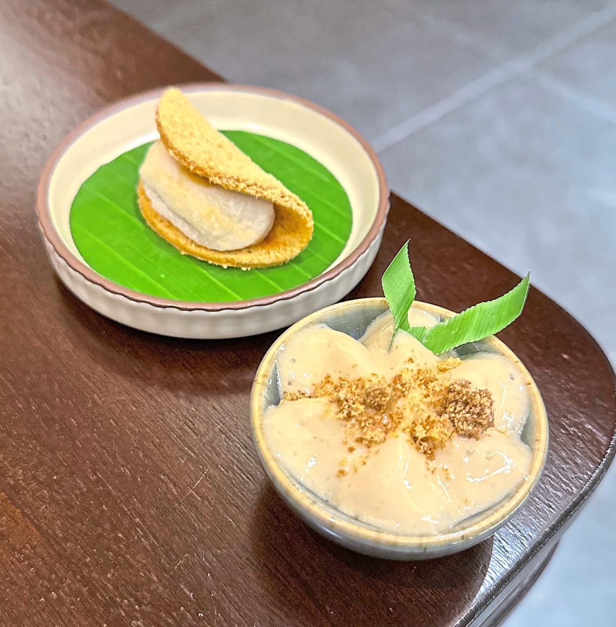 The edible cocktail serves as a dipping sauce for the apam balik dish.