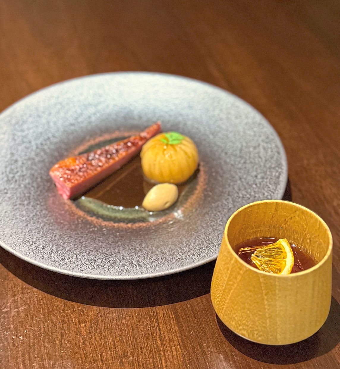The cognac Old Fashioned-styled drink went brilliantly with Low’s aged duck dish.