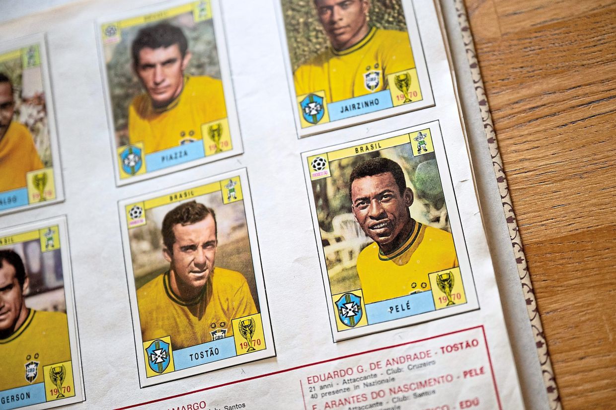 A picture of Brazilian forward Pele in the first Mexico 70 World Cup Panini album at the Panini factory in Modena, Italy. Photo: AFP