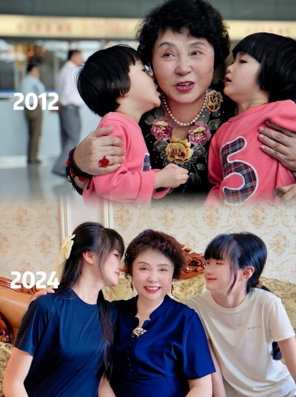 Sheng pictured with her daughters in 2012, top, and 12 years later, bottom. - Photo: Douyin