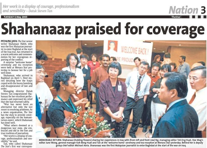 The Star marked Shahanaaz’s return to Malaysia and commended her work as a war correspondent.
