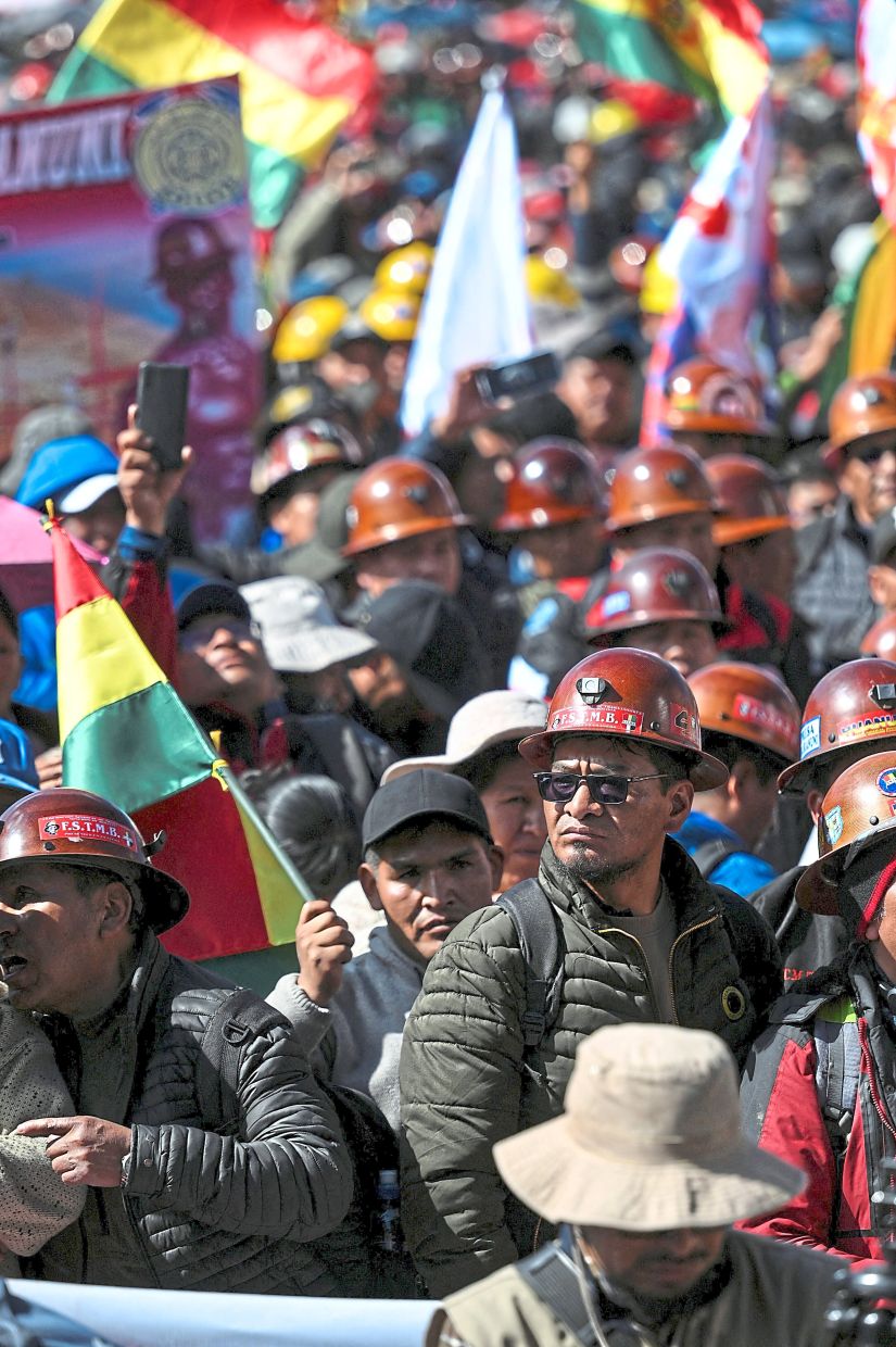 People attending a May Day protest organised by the Central Obrera Boliviana in La Paz, Bolivia. — Reuters