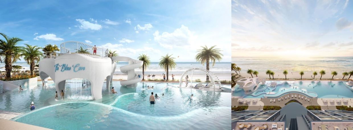 An artist’s impression of OSK Ombak’s signature The Blue Cove adventure cavern, seamlessly connected to the Mediterranean concept swimming pool (left) and a panoramic view of the pool deck, Balok beachfront and open sea vistas (right). 