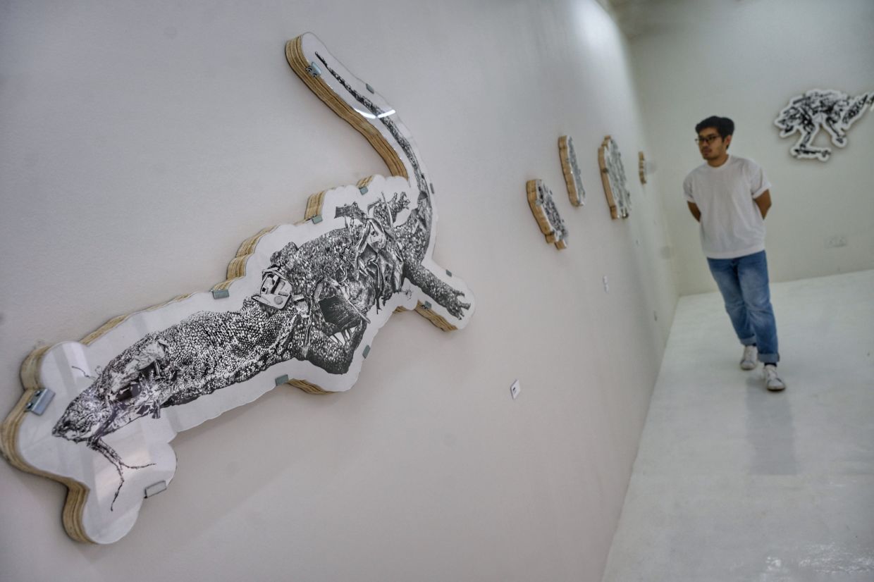 Silas Oo’s 'Roadkill' series comprises 10 drawings on paper, each presented in custom, cut-to-size acrylic mounts. Photo: The Star/Raja Faisal Hishan