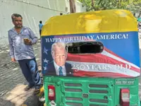 Trump portrait hits traffic with ‘Happy Birthday America!’ rickshaws