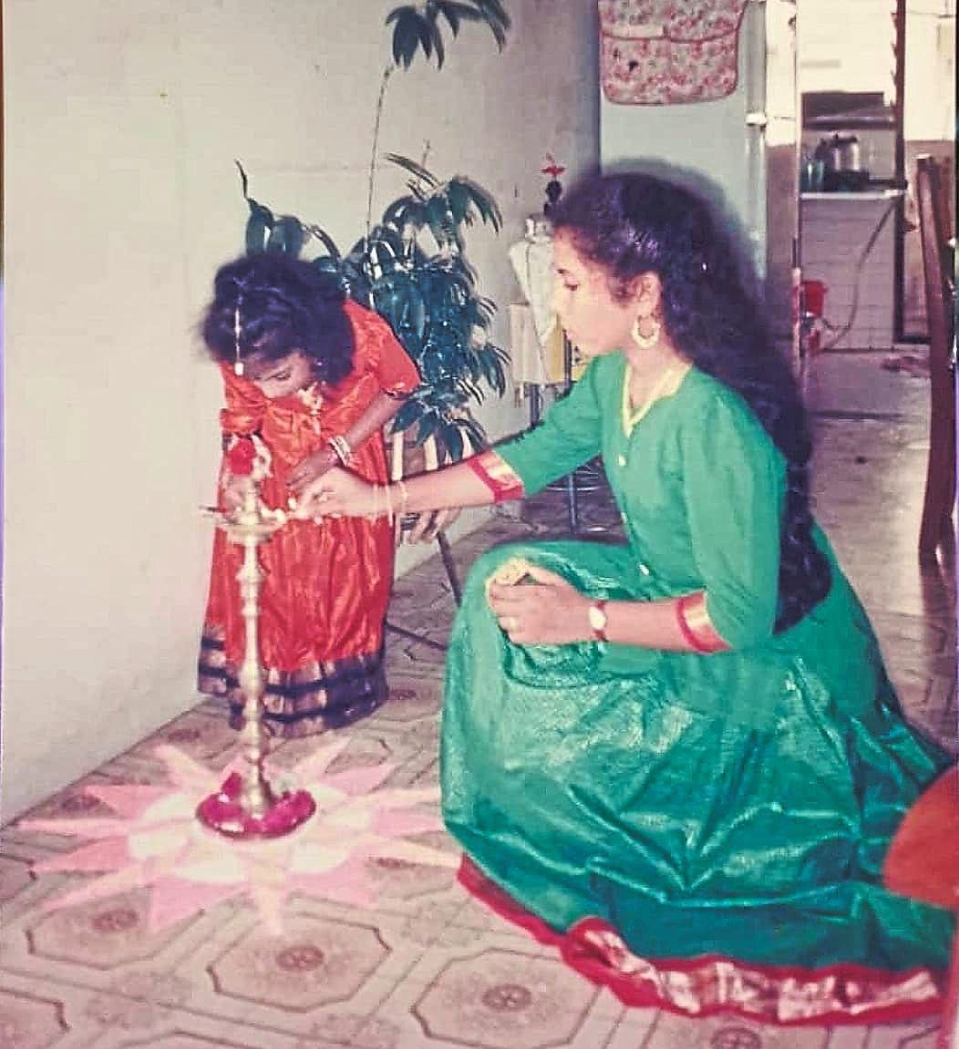 Dr Kasturi (right) first developed an interest in drawing kolams when she was 12.