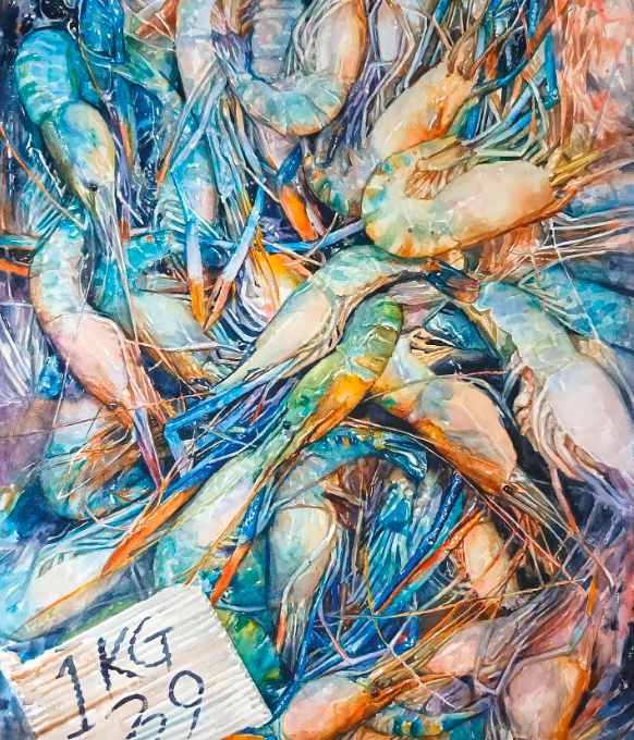 In Ryzalman's show 'Berapa Sekilo? - Rhythm Of The Wet Market', familiar pasar basah scenes are transformed into poetic hyperrealistic watercolours rich with atmosphere. Photo: Ryzalman Misran