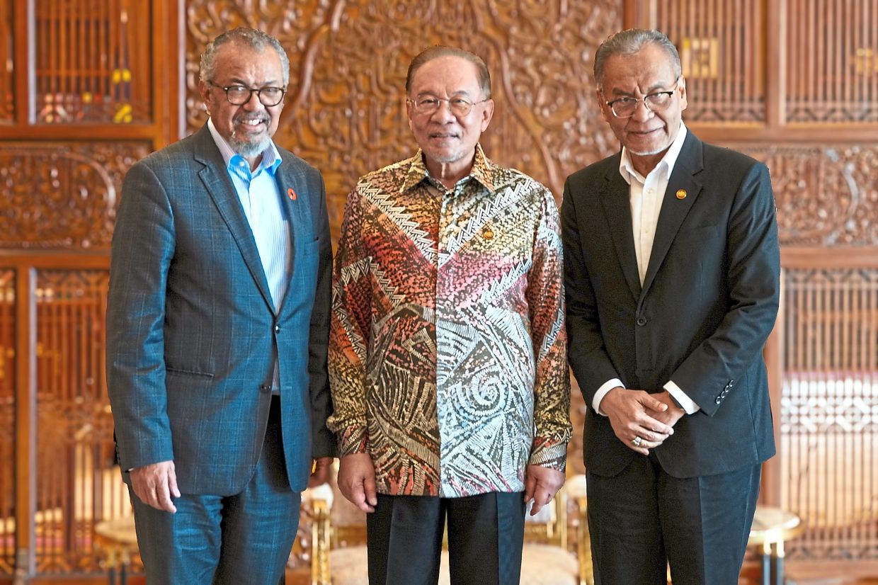 (From left) WHO director-general Dr Tedros Adhanom Ghebreyesus, Prime Minister Datuk Seri Anwar Ibrahim and Dr Dzulkefly during a strategic courtesy call in March 2026 to strengthen Malaysia-WHO global health diplomacy and pandemic preparedness. — Photo by Mokhriz Aziz/ Health Minister’s Office