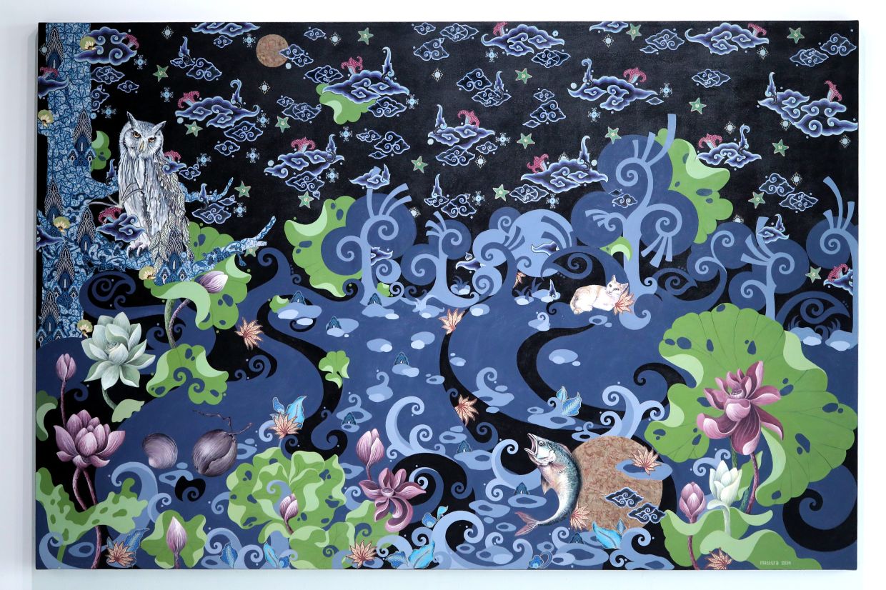An artwork from Mastura titled 'Bicara Punggok 7: Merindu Bayang' (mixed media on canvas, 2024). Photo: The Star/Azlina Abdullah 