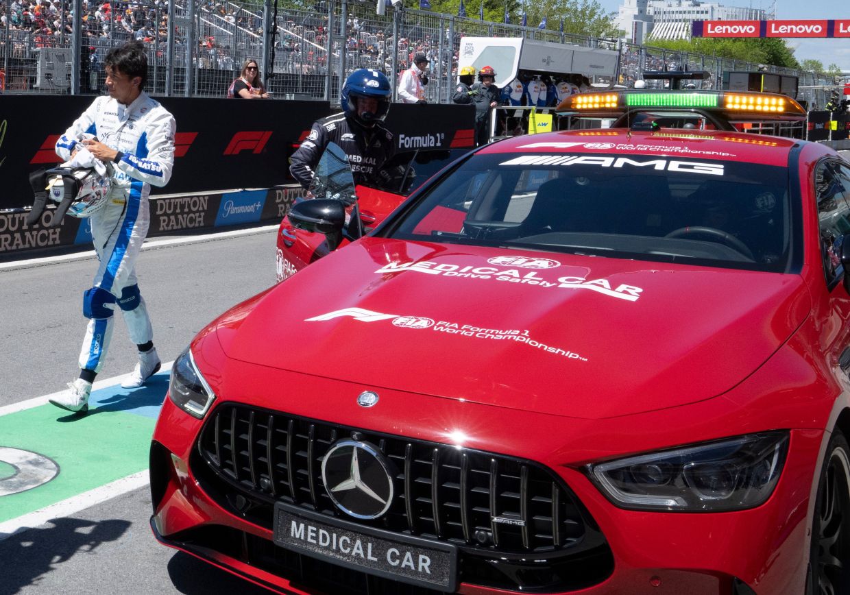 Williams driver Alex Albon of Thailand steps out of the safety car following a crash during the practice session at the F1 Canadian Grand Prix auto race in Montreal. - Photo: Christinne Muschi/The Canadian Press via AP