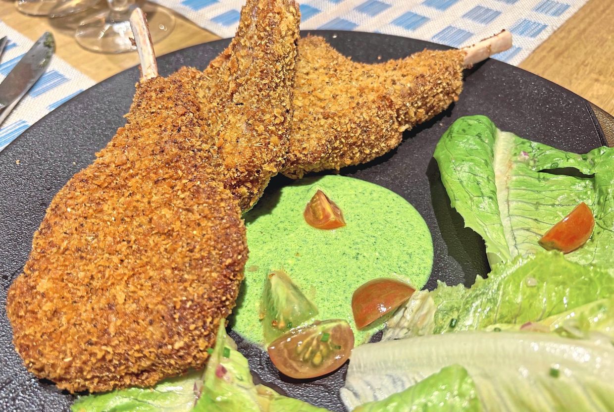 Crispy Chamomile Lamb Chops uses a Milanese-style coating of eggs, flour and breadcrumbs.