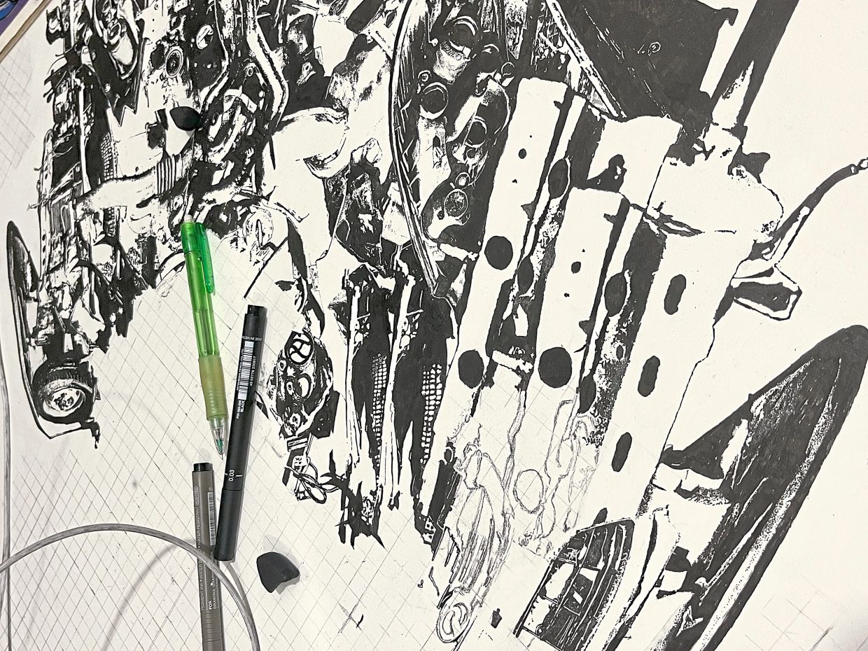 The works in Oo’s ‘Roadkill' are ink drawings that merge animal and car parts into hybrid forms. — Photo: Silas Oo