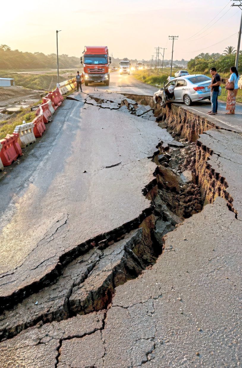 By a whisker: A vehicle was involved in an accident following the road collapse on the Sandakan-Lahad Datu main road.