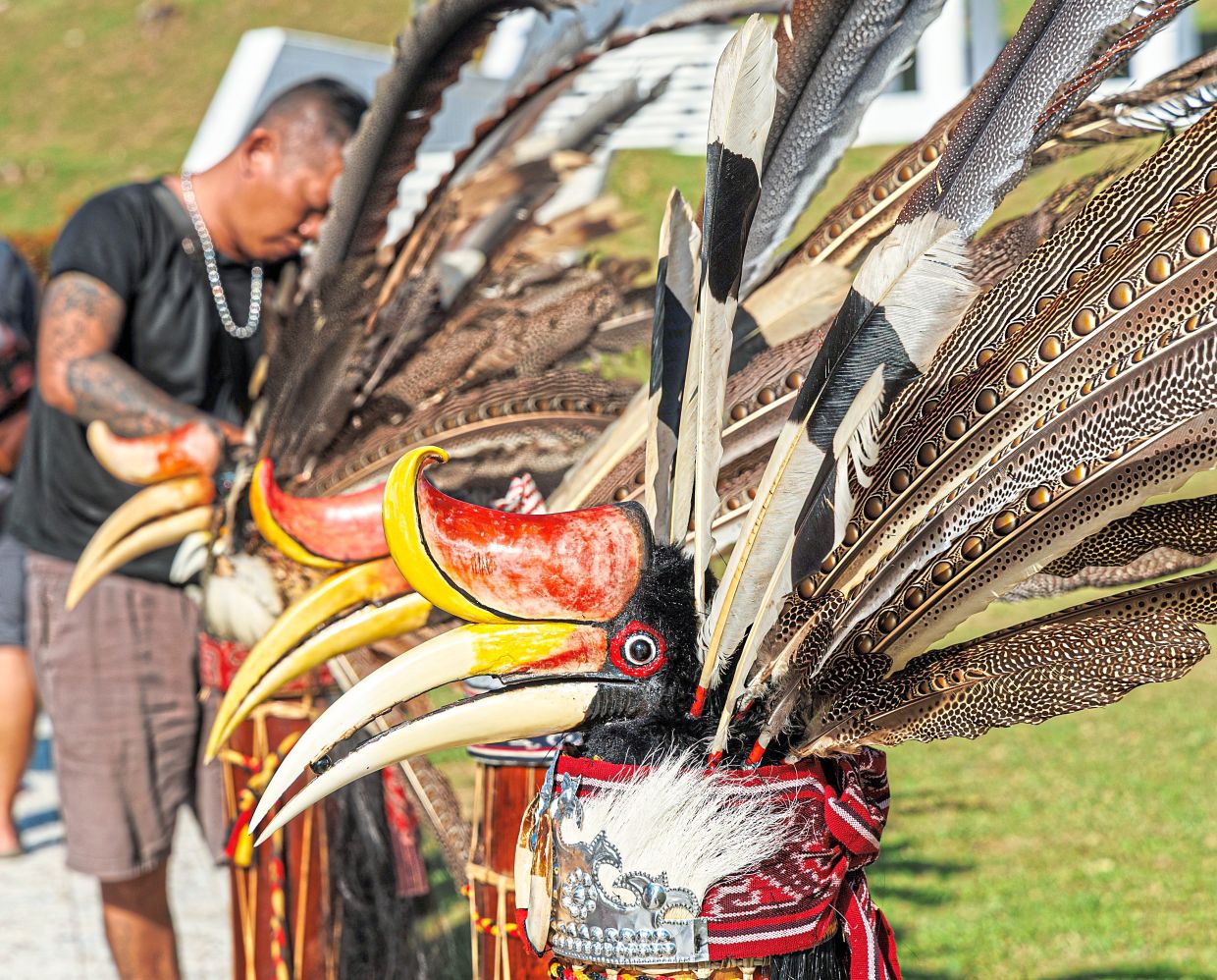 The Iban warrior headgear, decorated with feathers, is a symbol of pride for the community.