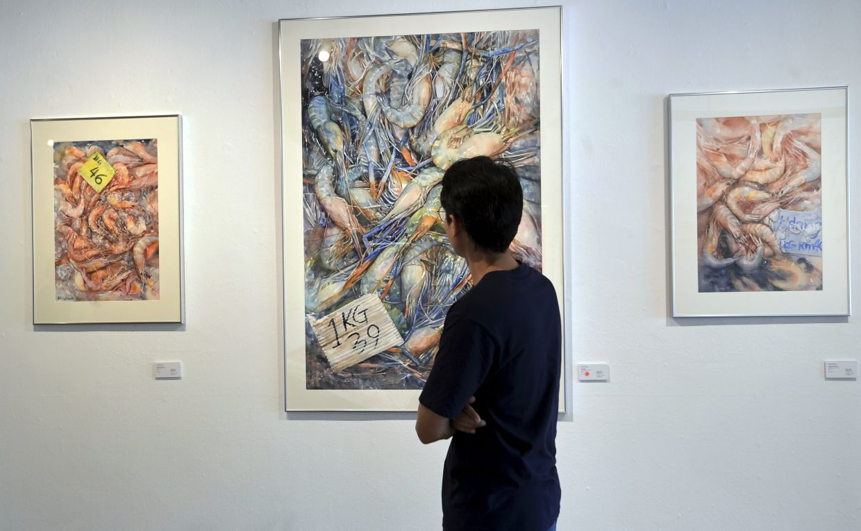 A view of Ryzalman’s 'Berapa Sekilo?' exhibition at Awegallery, featuring 30 works, predominantly in watercolour. Photo: The Star/Azhar Mahfof