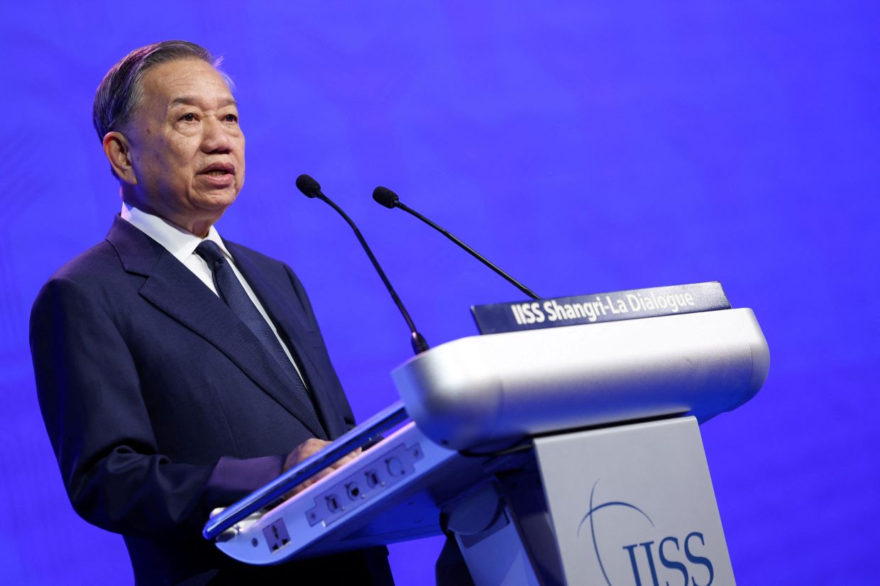 Vietnamese President To Lam gives a keynote address during the IISS Shangri-La Dialogue security summit in Singapore on Friday, May 29, 2026.Photo: REUTERS/Edgar Su