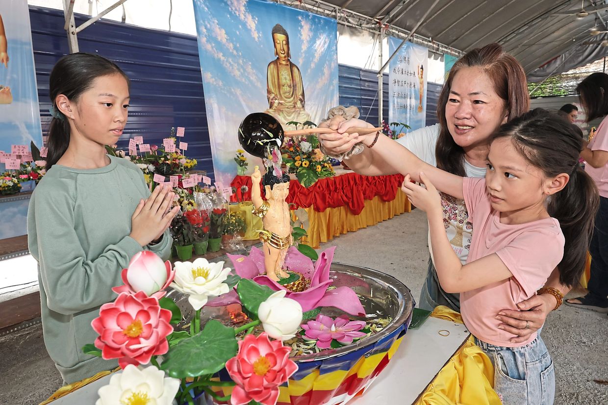 Wesak Day celebrations in Penang saw devotees, including children, taking part in traditional rituals such as bathing the Buddha and offering flowers.