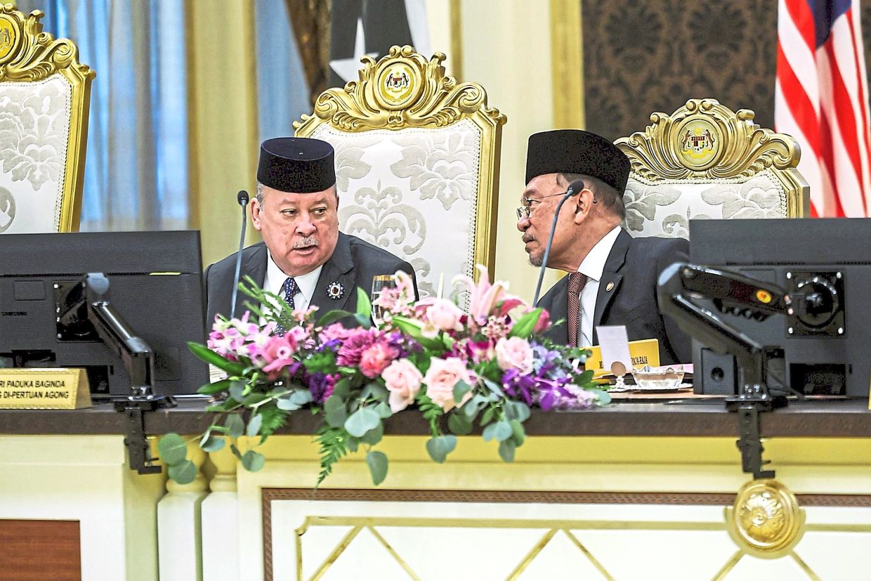 Sultan Ibrahim speaking with Prime Minister Datuk Seri Anwar Ibrahim during the 271st meeting of the Conference of Rulers. — Photo from Anwar Ibrahim’s Facebook page