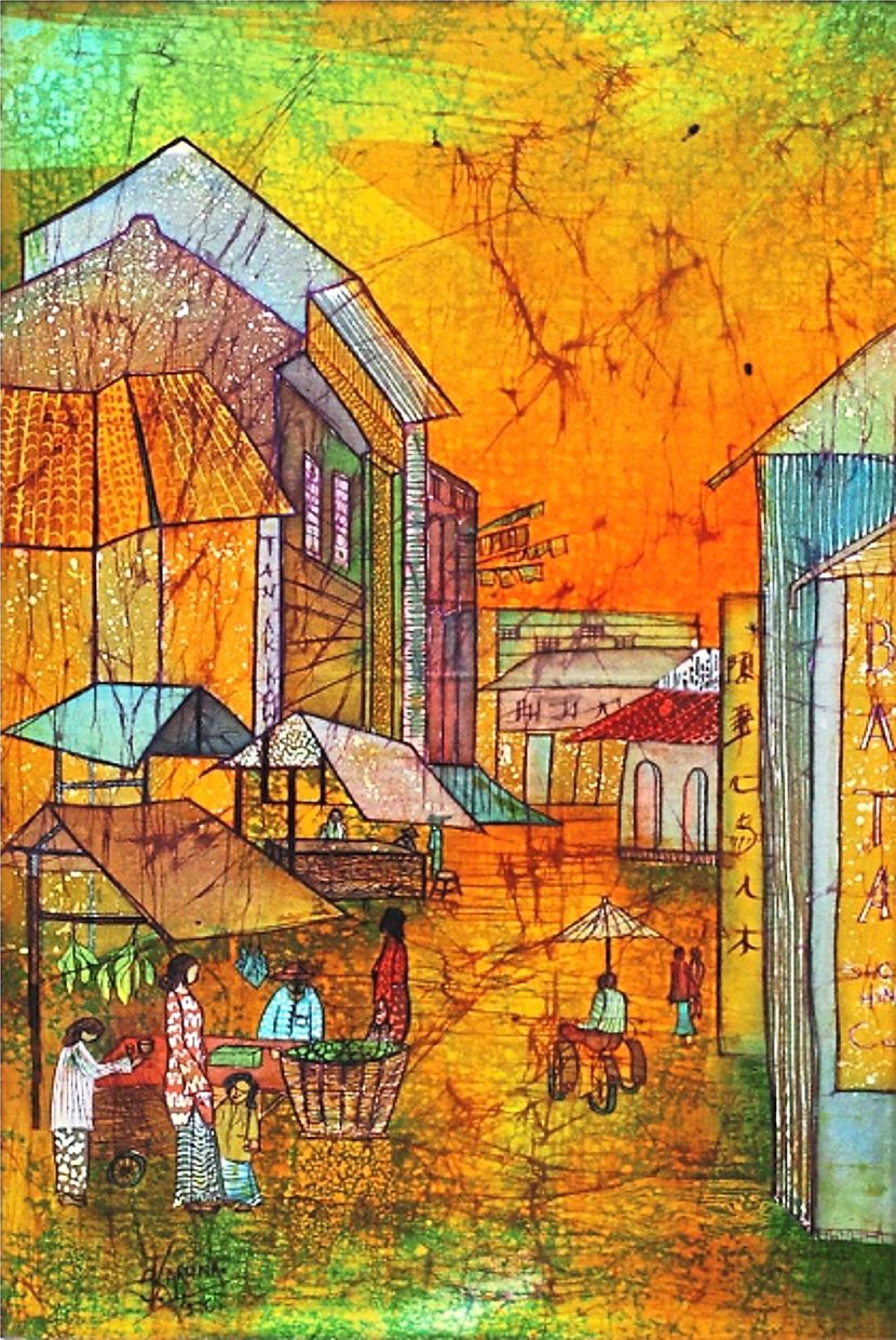Batik on fabric, Penang Street captures the warmth and nostalgic charm of everyday life within an old Malaysian townscape.