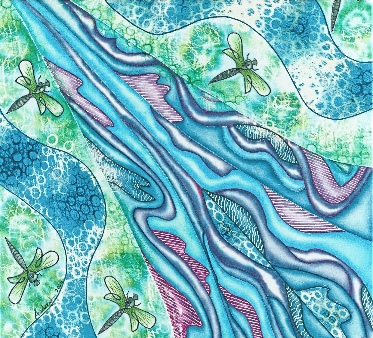 Lim's batik on cotton Obsession With Nature/Dragonfly demonstrates an experimental batik approach through fluid linner compositions, bubble crack textures and layered dye applications.