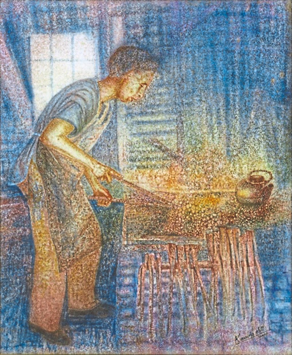 The batik painting Blacksmith shows a lone blacksmith bending over glowing metal, surrounded by smoke and the warmth of firelight.