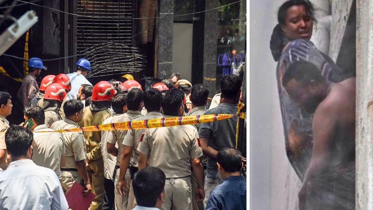 (Left) Firefighters, police personnel and rescue teams conduct operations at the site of the deadly fire in Malviya Nagar, South Delhi. (Right) Occupants trapped inside the building await rescue as flames spread through the structure. - Photos: ANI/SNS