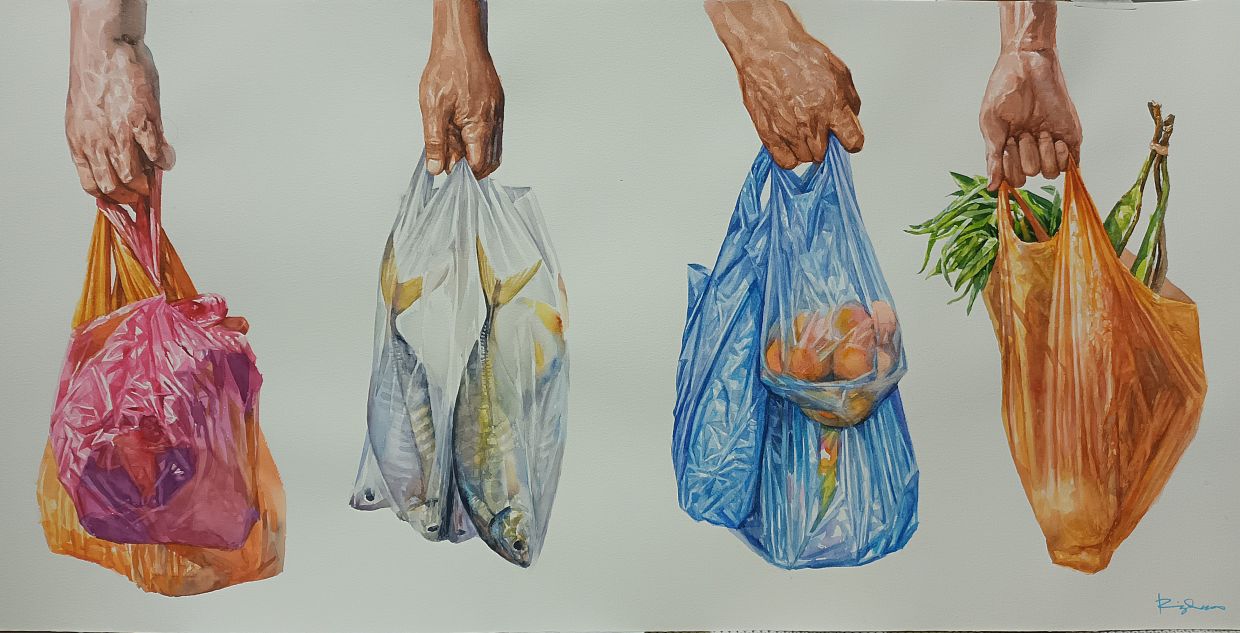 A watercolour artwork titled 'Ritma Pasar Pagi' (2026), among the latest works in Ryzalman’s 'Berapa Sekilo?' exhibition at Awegallery in Petaling Jaya. Photo: Handout