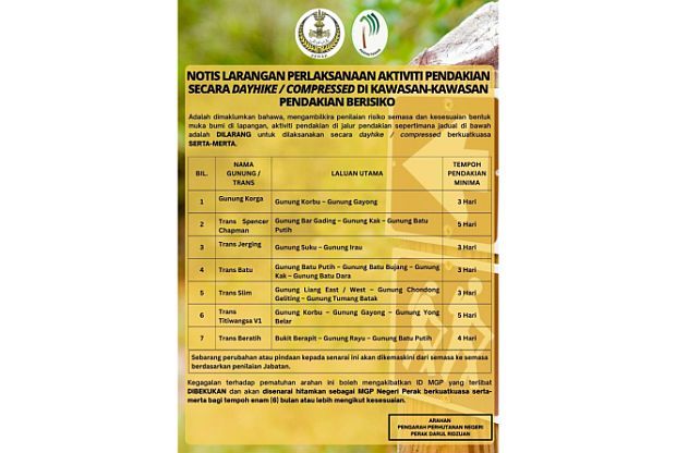 Perak Forestry bans day hikes on seven trails