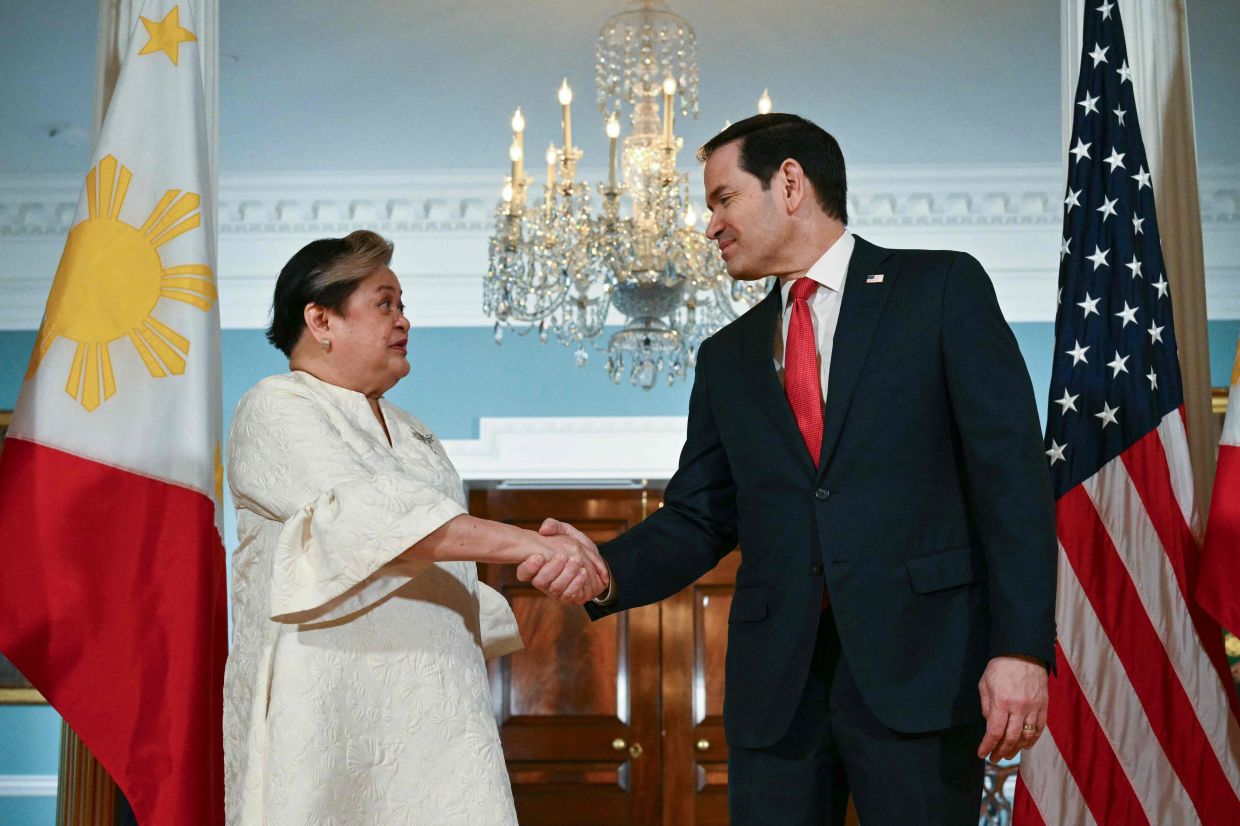 US Secretary of State Marco Rubio greeting Philippines Foreign Minister Theresa Lazaro as they appear briefly for the press before their meeting at the State Department in Washington, DC on June 5, 2026. - AFP