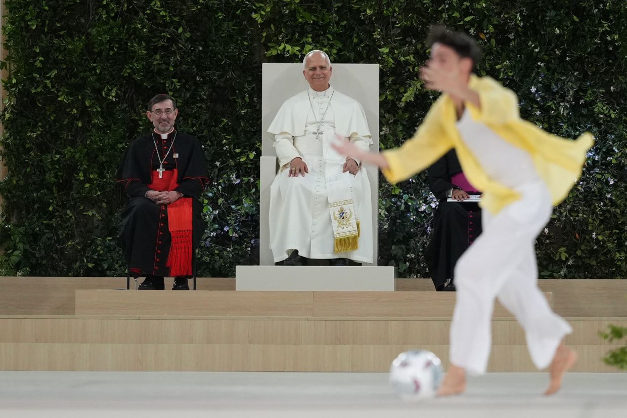 Youths stage a soccer match during a meeting with Pope Leo XIV and the diocesan community at the Santiago Bernabeu stadium in Madrid, Spain on June 8, 2026. Photo: AP