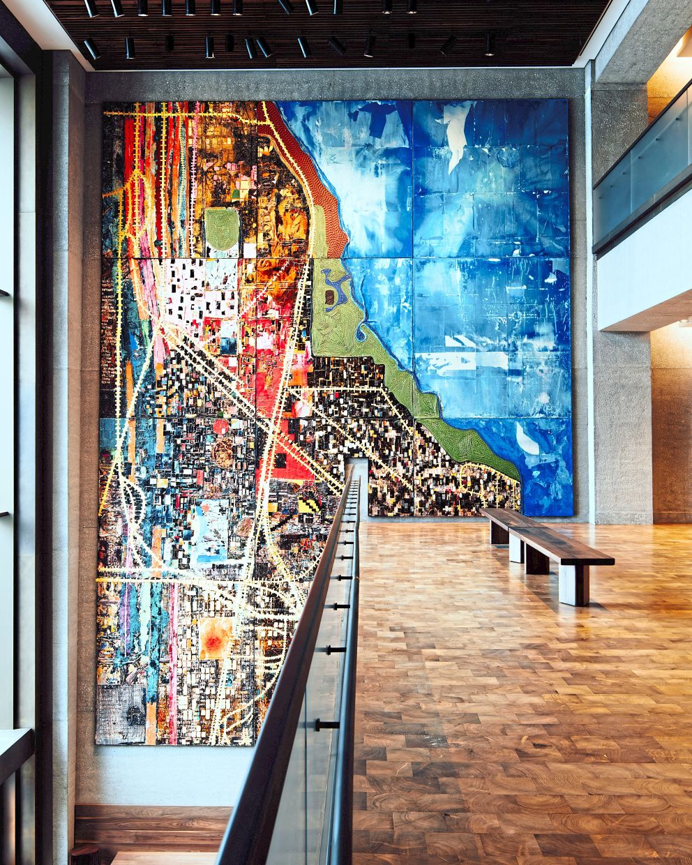 Mark Bradford’s 'City Of The Big Shoulders' in the Our Story Atrium at the Obama Presidential Centre. Photo: Kevin Serna/The New York Times