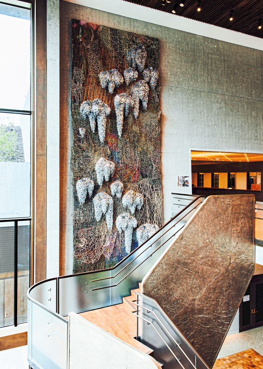 Nick Cave and Marie Watt's 'This Land, Shared Sky,' a large textile drapery in the main lobby of the Obama Presidential Center. Photo: Kevin Serna/The New York Times