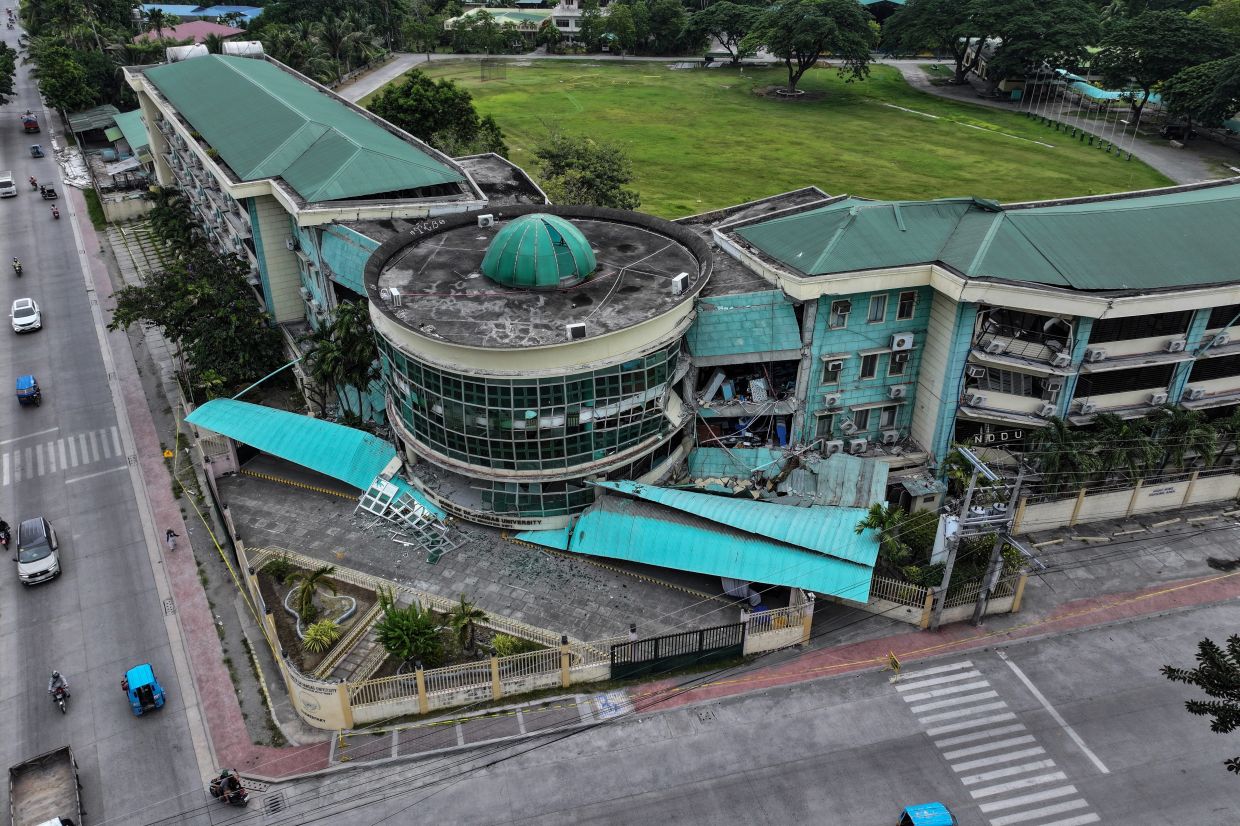 A drone shot showing the damaged Notre Dame of Dadiangas University following the magnitude 7.8 quake, in General Santos, southern Philippines on June 10. - Reuters