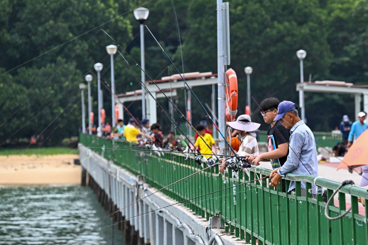 Anglers fish from a jetty at East Coast Park in Singapore. -- Photo by Roslan RAHMAN / AFP