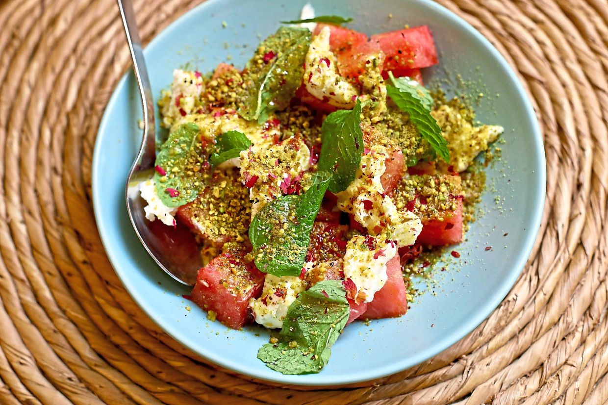 Watermelon and creamy Palestinian-style feta cheese are the stars of this summery show.