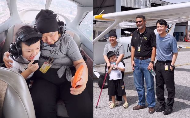 Another memory captured: Wong with her son on the plane ride. (Inset) Mum and son in a group photo with Vain (right) and the pilot and the plane they flew on a trip of a lifetime. — Photo from Vain Liew’s Instagram
