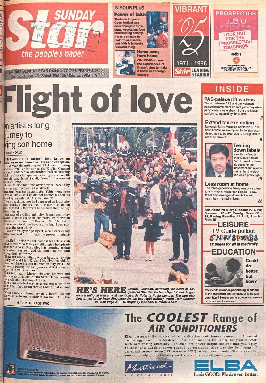 The Star’s front page on Oct 27, 1996 of Jackson’s arrival in KL.